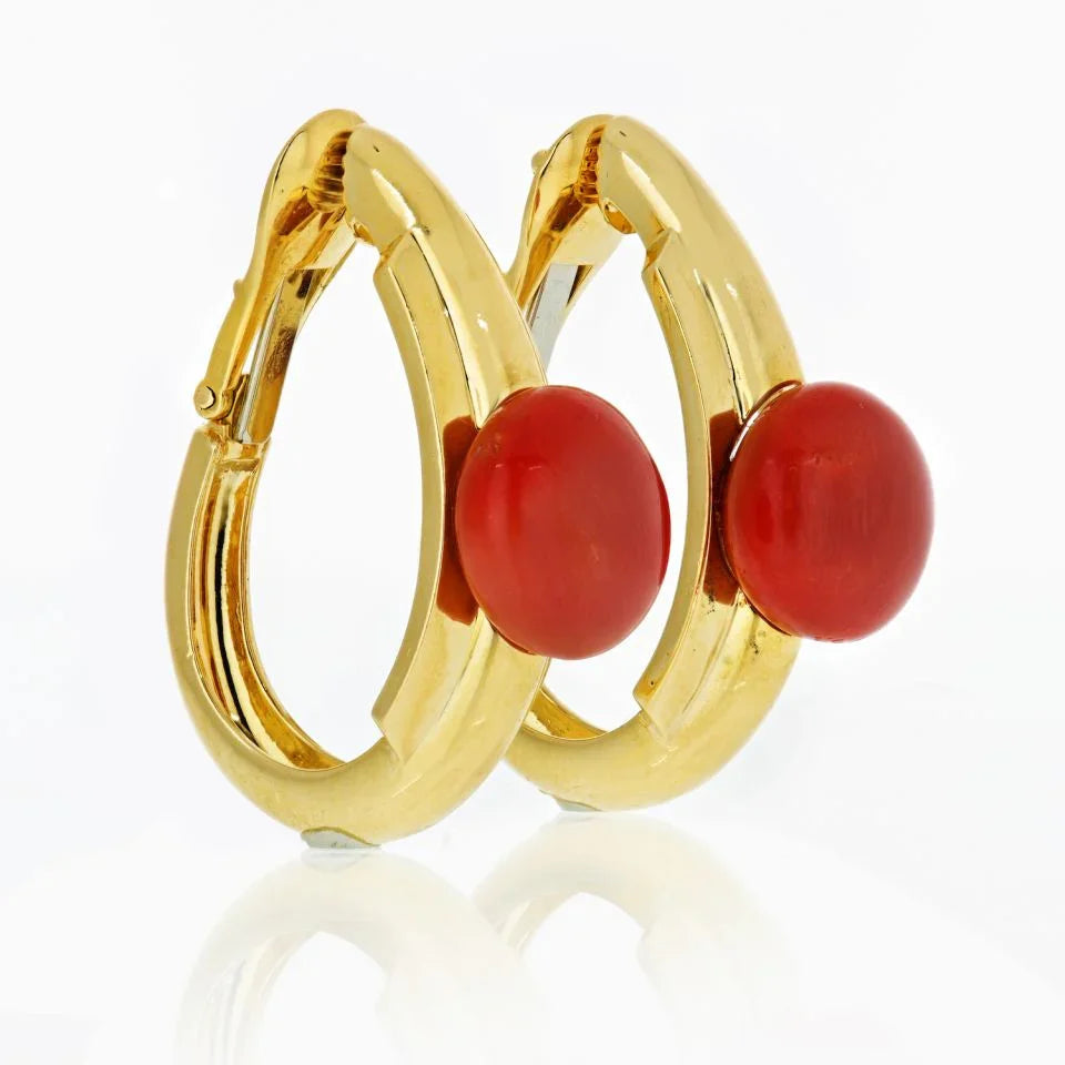 David Webb Coral 18K Yellow Gold Hoop Style Clip-On Earrings — view 2 — Laura Milman New York