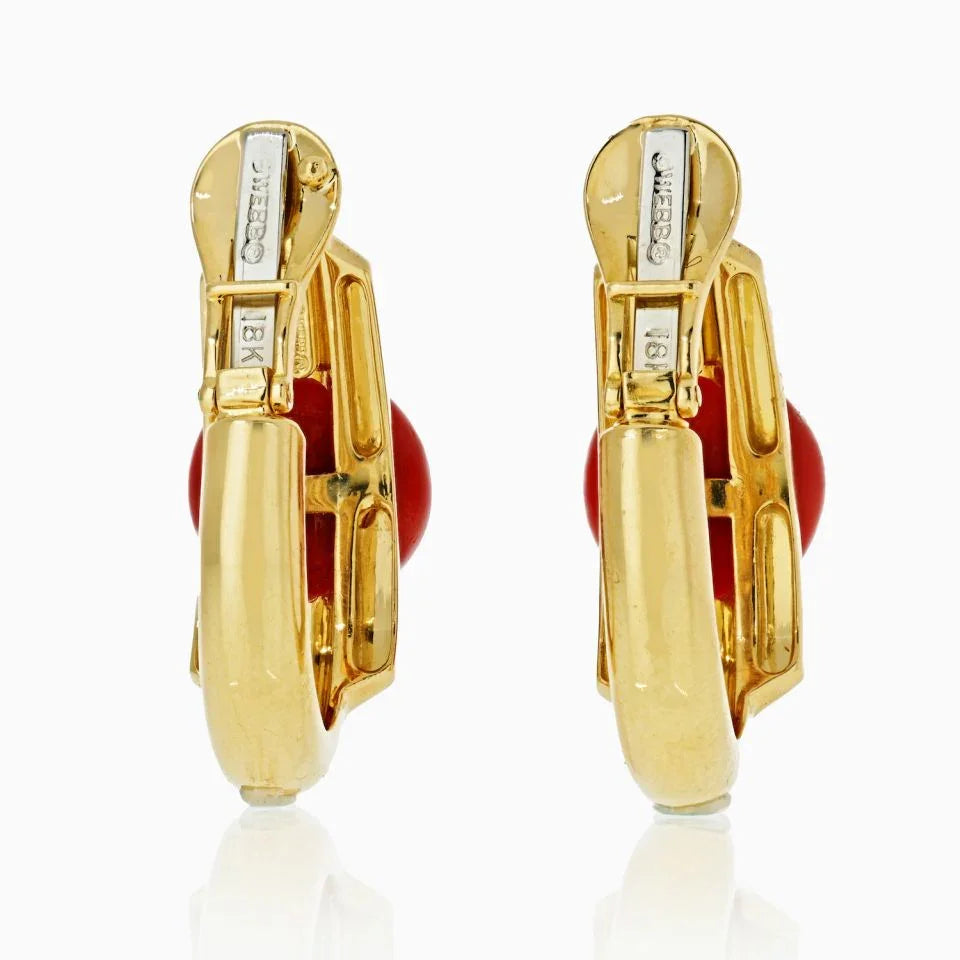 David Webb Coral 18K Yellow Gold Hoop Style Clip-On Earrings — view 4 — Laura Milman New York