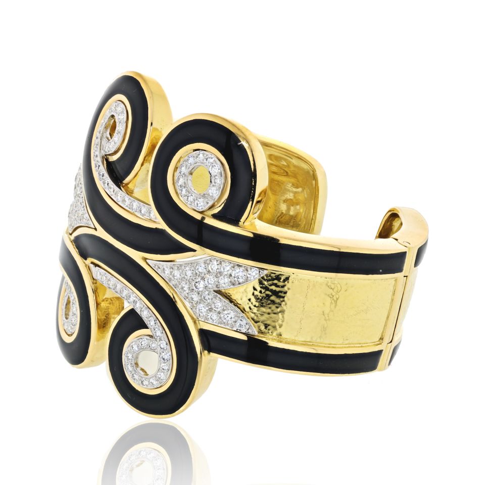 David Webb Platinum & 18K Yellow Gold Arabesque Black Enamel Diamond Cuff Bangle Bracelet — view 2 — Laura Milman New York