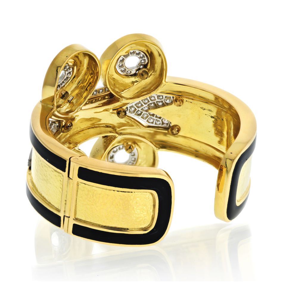 David Webb Platinum & 18K Yellow Gold Arabesque Black Enamel Diamond Cuff Bangle Bracelet — view 3 — Laura Milman New York