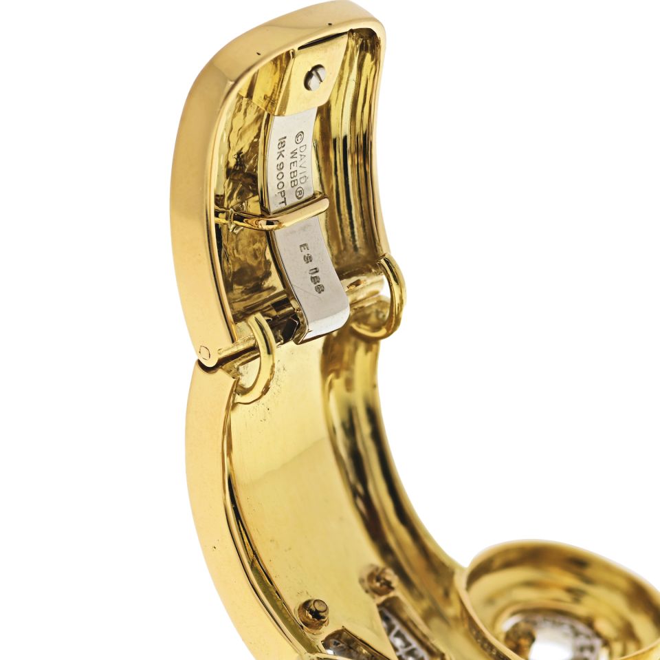 David Webb Platinum & 18K Yellow Gold Arabesque Black Enamel Diamond Cuff Bangle Bracelet — view 4 — Laura Milman New York