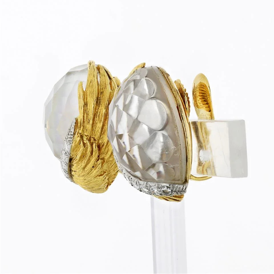 David Webb 18K Yellow Gold Rock Crystal And Diamond Round Clip-On Earrings — view 2 — Laura Milman New York