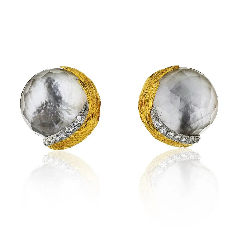 David Webb 18K Yellow Gold Rock Crystal And Diamond Round Clip-On Earrings — Laura Milman New York