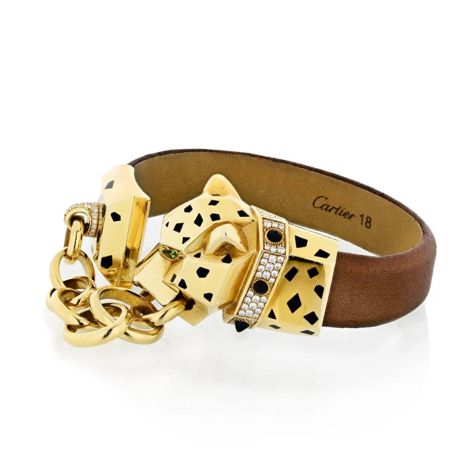 Cartier 18K Yellow Gold Panthere Head With Chain Silk Bracelet Bracelet — view 2 — Laura Milman New York