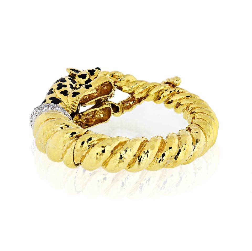 David Webb Leopard Platinum & 18K Yellow Gold Spotted Bangle Diamond Bracelet — view 4 — Laura Milman New York