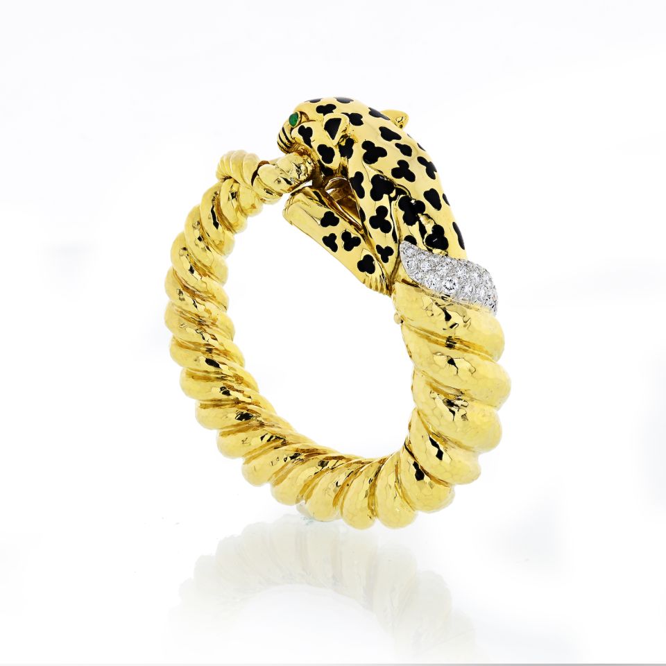 David Webb Leopard Platinum & 18K Yellow Gold Spotted Bangle Diamond Bracelet — view 3 — Laura Milman New York