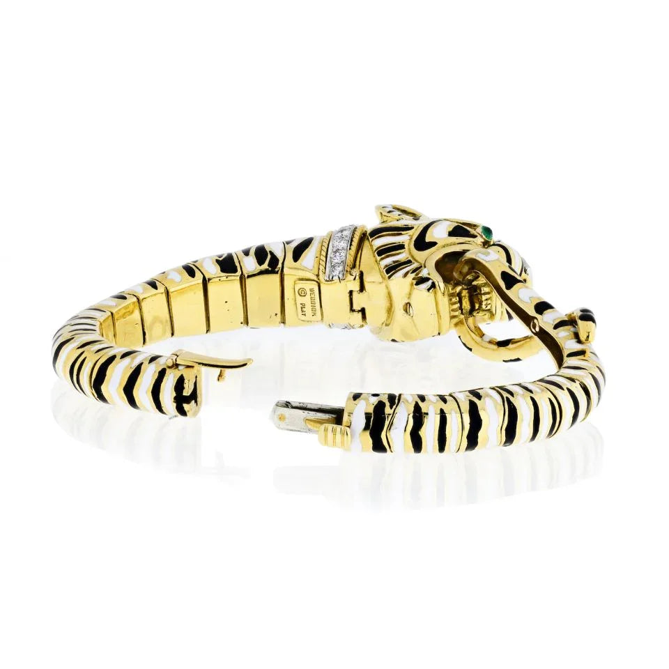 David Webb Tiger Platinum & 18K Yellow Gold Enamel Stripped Bracelet — view 3 — Laura Milman New York