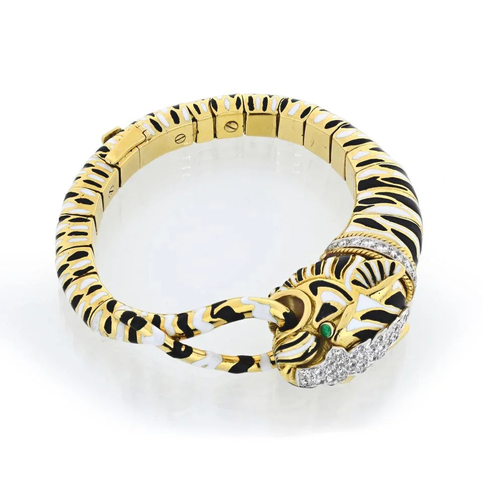 David Webb Tiger Platinum & 18K Yellow Gold Enamel Stripped Bracelet — view 4 — Laura Milman New York