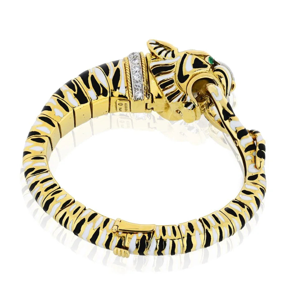 David Webb Tiger Platinum & 18K Yellow Gold Enamel Stripped Bracelet — Laura Milman New York