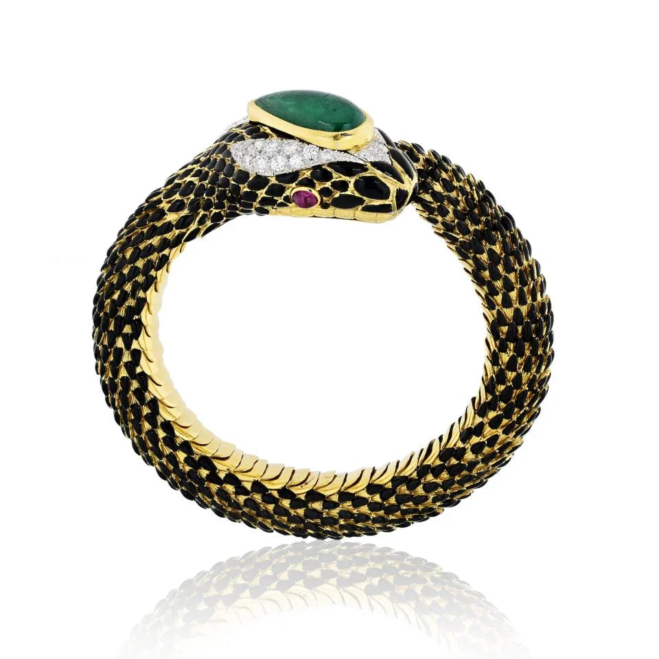David Webb Snake Platinum & 18K Yellow Gold Diamonds Green Cabochon Red Ruby Bracelet — view 4 — Laura Milman New York
