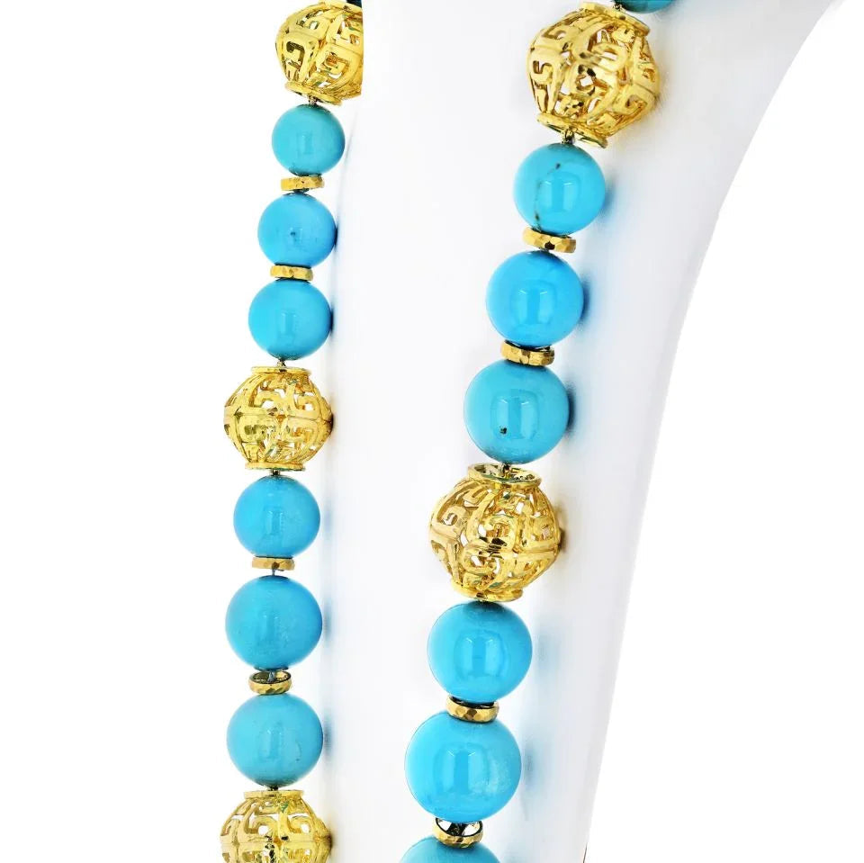 David Webb Turquoise Platinum & 18K Yellow Gold Large Bead Strand Necklace — view 4 — Laura Milman New York