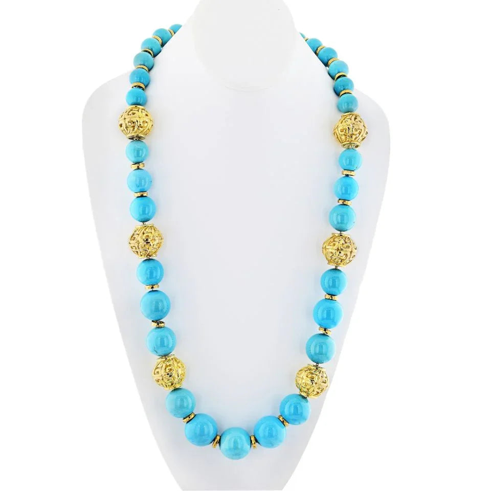 David Webb Turquoise Platinum & 18K Yellow Gold Large Bead Strand Necklace — Laura Milman New York