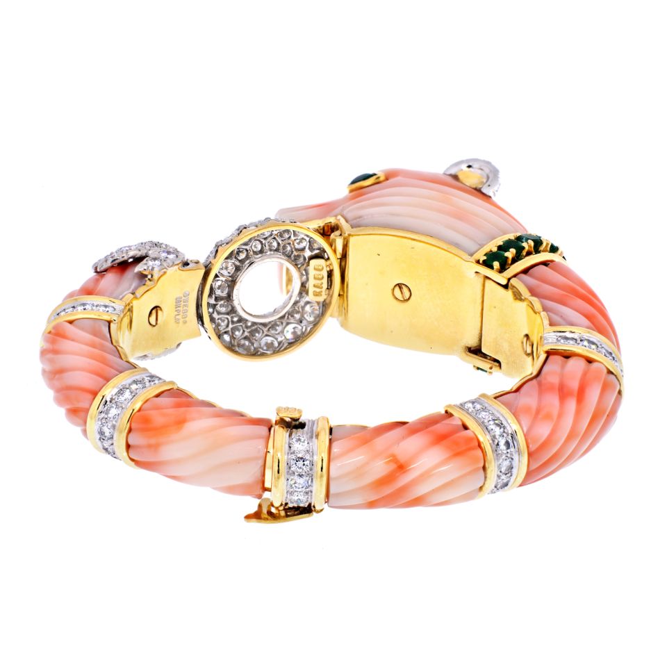 David Webb Coral 18K Yellow Gold Angel Skin Chimeral & Diamond Bracelet — view 3 — Laura Milman New York