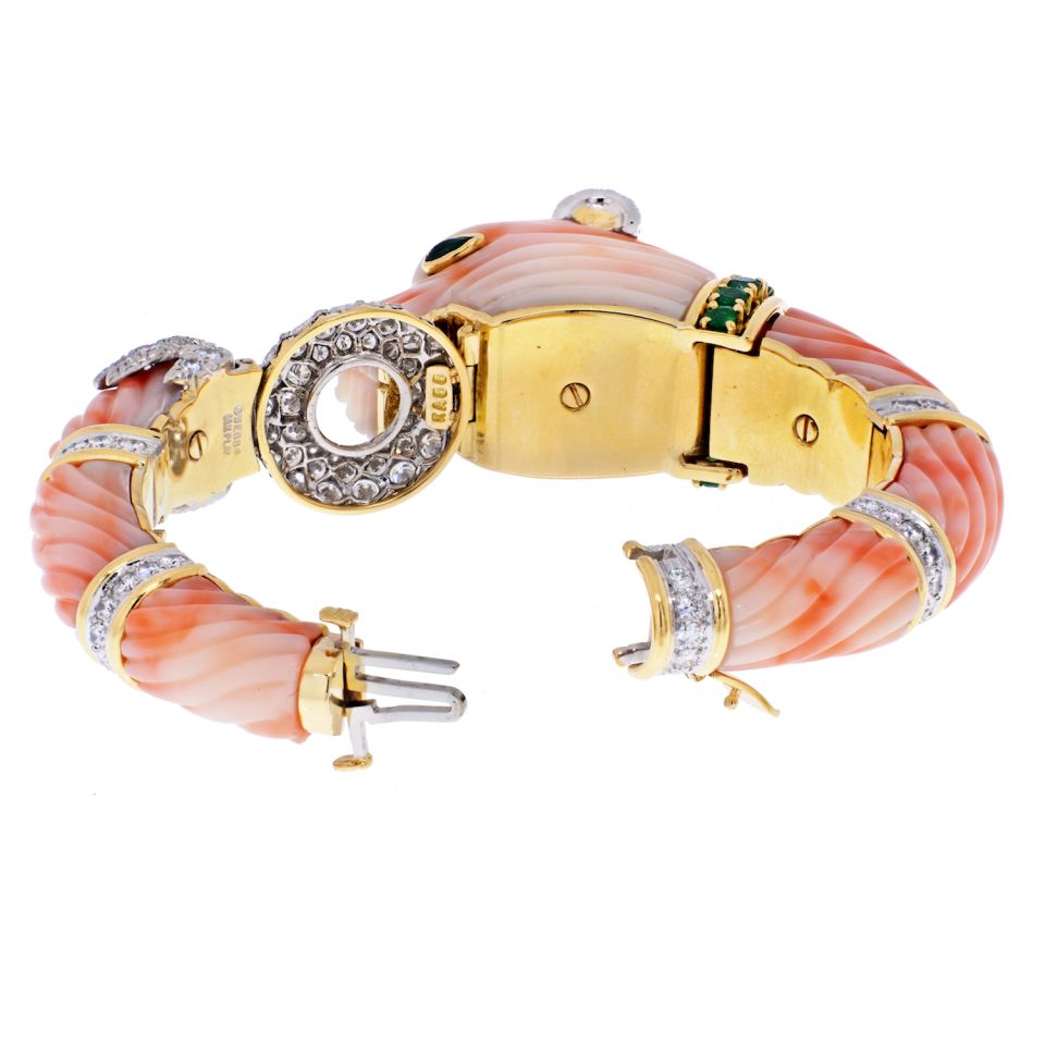 David Webb Coral 18K Yellow Gold Angel Skin Chimeral & Diamond Bracelet — view 4 — Laura Milman New York