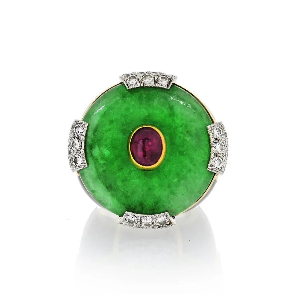 David Webb Jade Platinum & 18K Yellow Gold Black Enamel, Diamonds, Ruby Ring — view 2 — Laura Milman New York