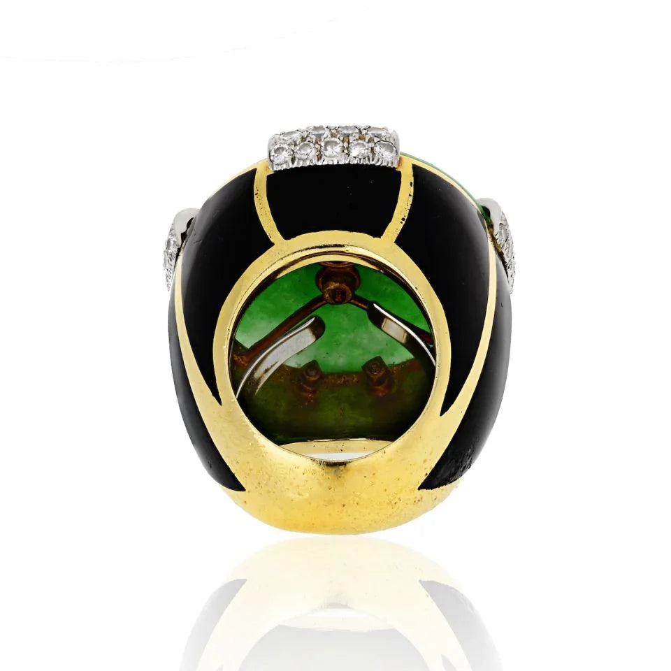 David Webb Jade Platinum & 18K Yellow Gold Black Enamel, Diamonds, Ruby Ring — view 4 — Laura Milman New York