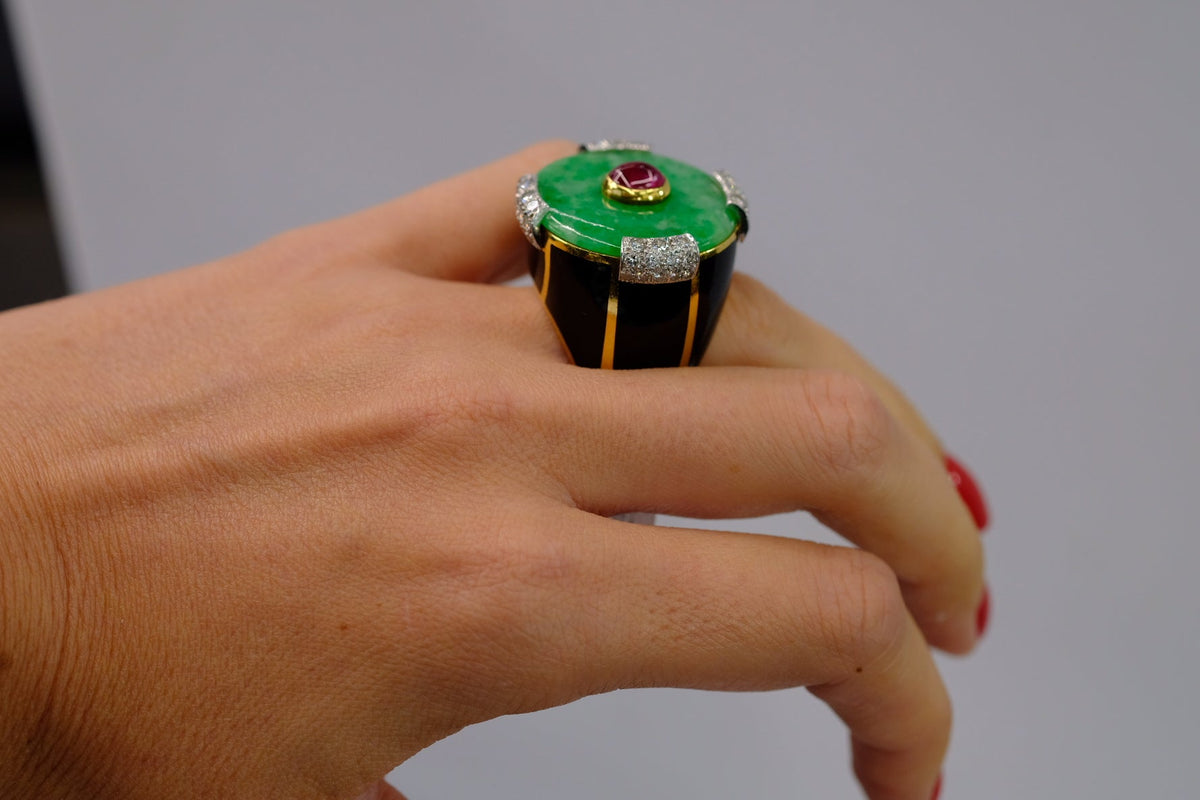 David Webb Jade Platinum & 18K Yellow Gold Black Enamel, Diamonds, Ruby Ring — view 5 — Laura Milman New York
