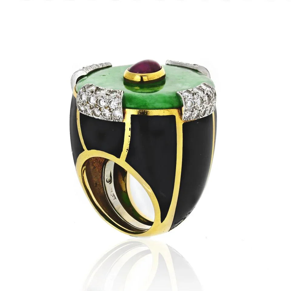 David Webb Jade Platinum & 18K Yellow Gold Black Enamel, Diamonds, Ruby Ring — Laura Milman New York