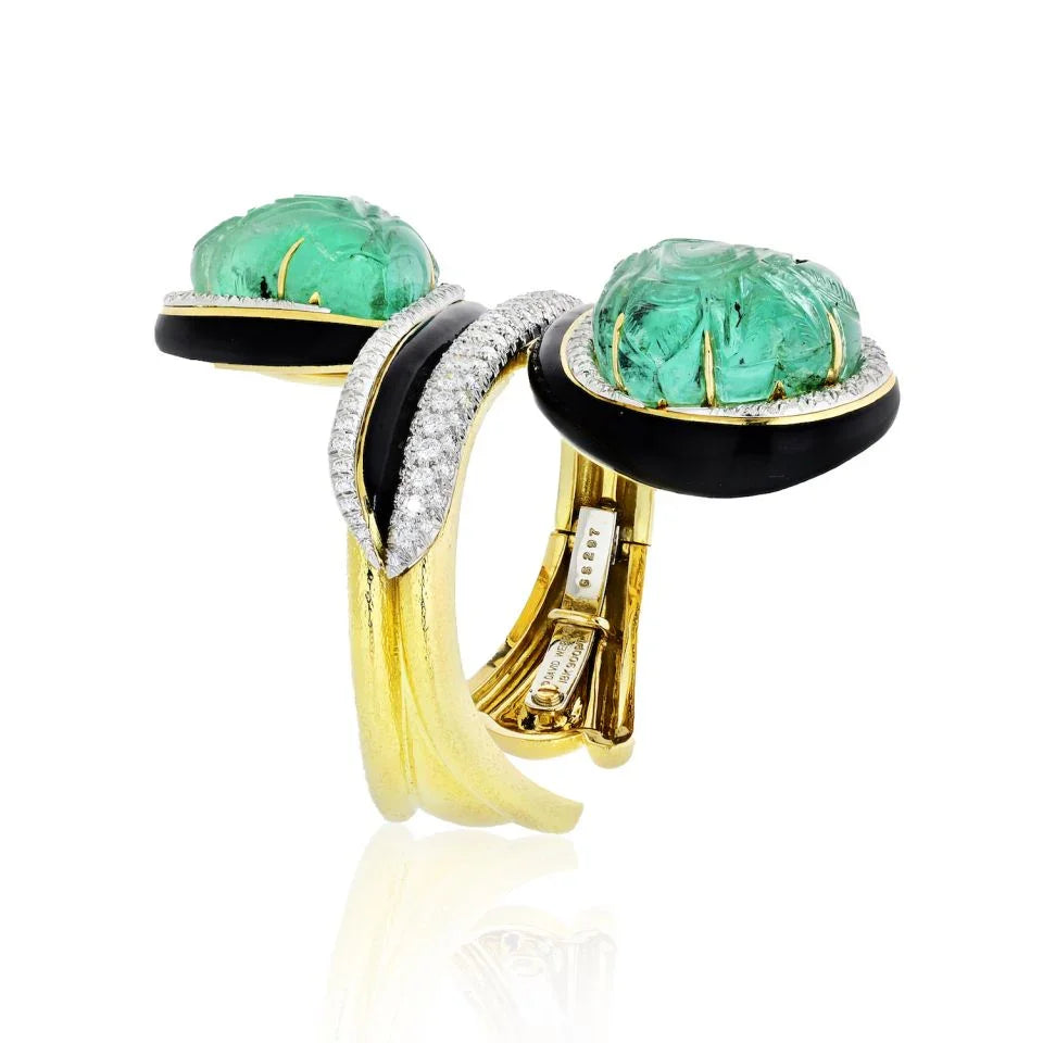 David Webb Crossover Platinum & 18K Yellow Gold Carved Emerald And Diamond Bracelet — view 2 — Laura Milman New York