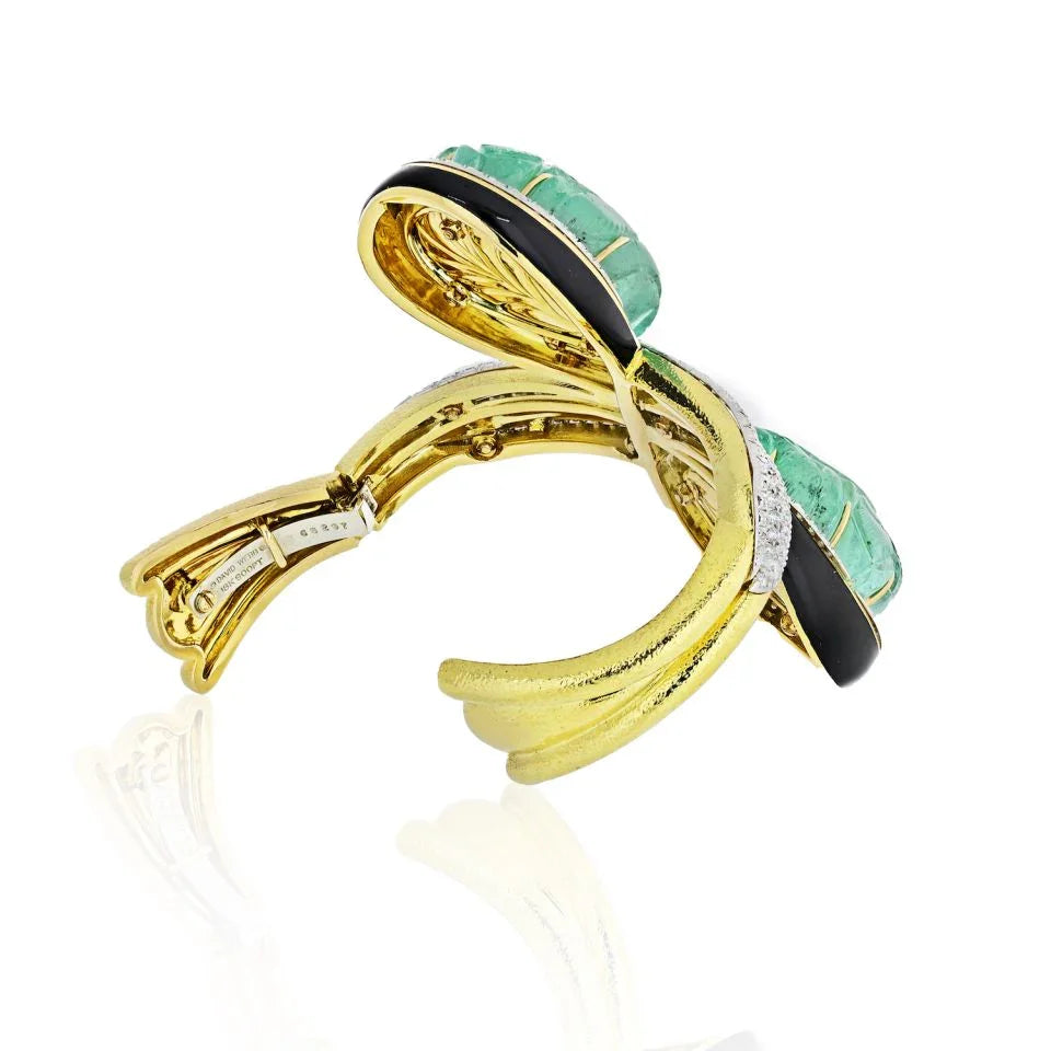 David Webb Crossover Platinum & 18K Yellow Gold Carved Emerald And Diamond Bracelet — view 3 — Laura Milman New York