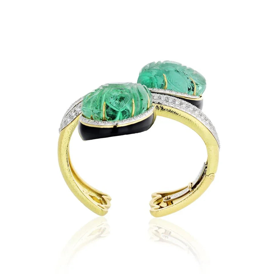 David Webb Crossover Platinum & 18K Yellow Gold Carved Emerald And Diamond Bracelet — view 4 — Laura Milman New York