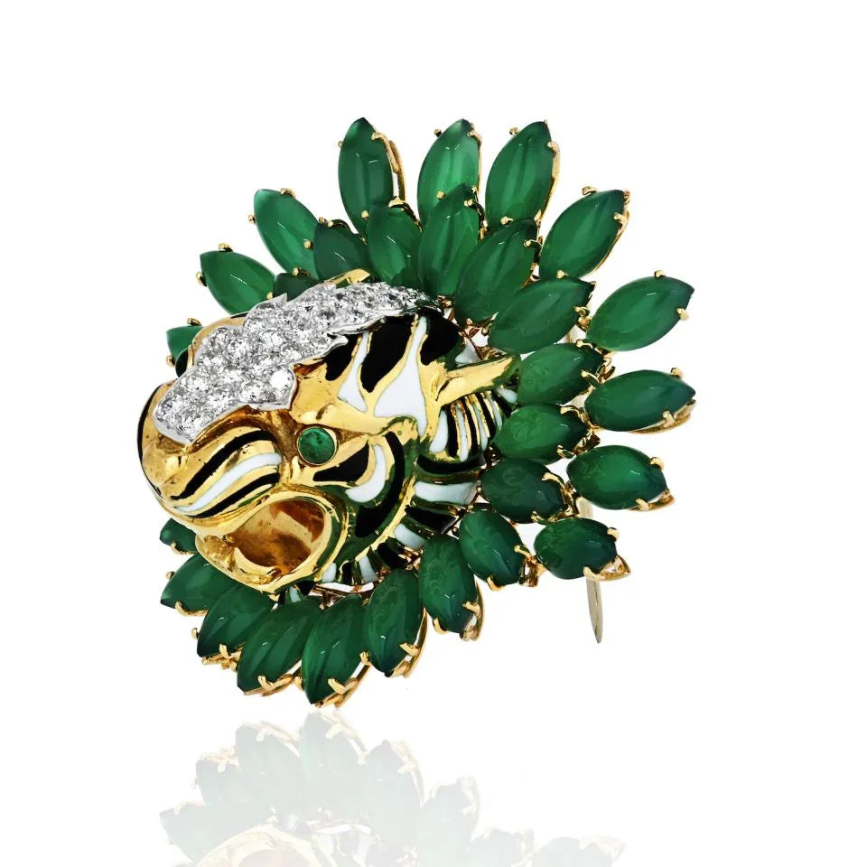 David Webb Tiger Platinum & 18K Yellow Gold Diamond And Chrysoprase Brooch — view 2 — Laura Milman New York