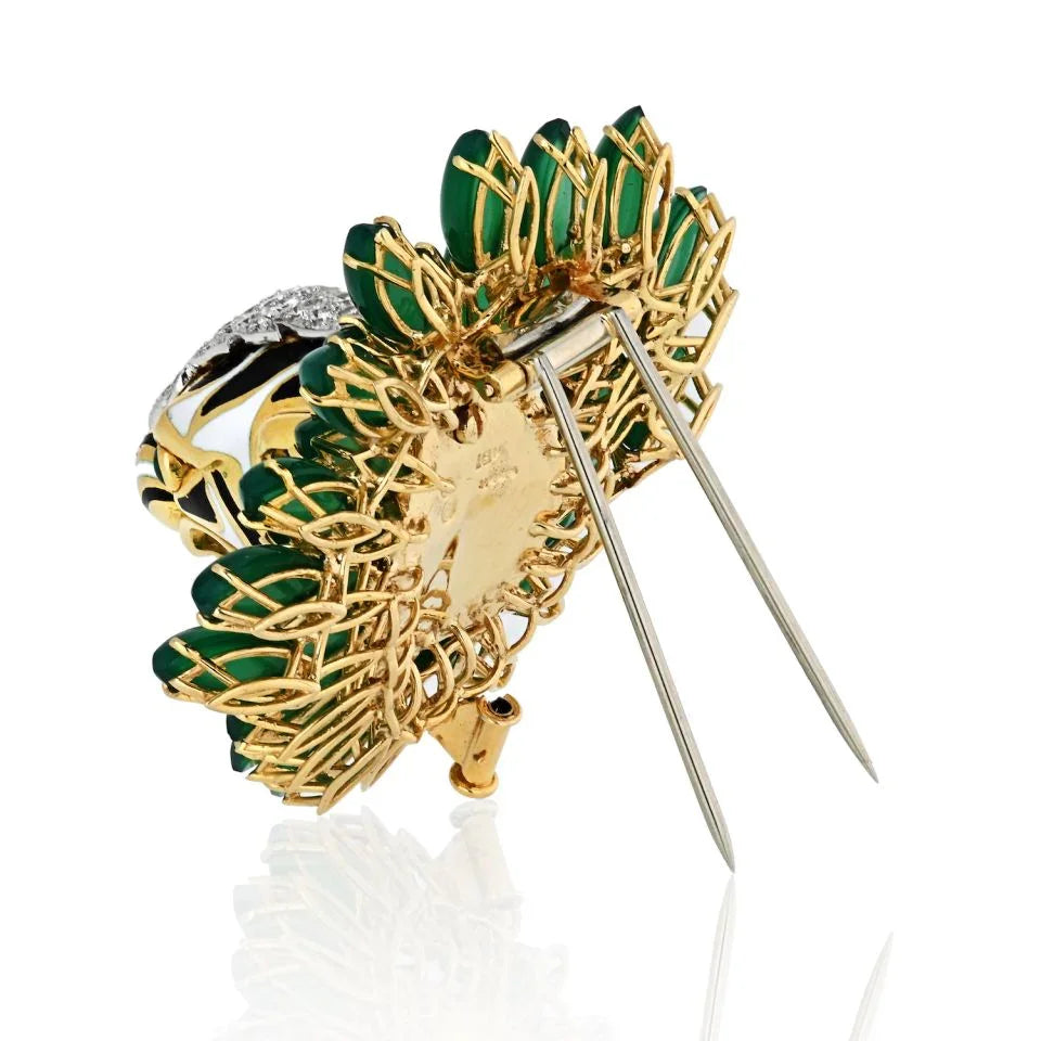 David Webb Tiger Platinum & 18K Yellow Gold Diamond And Chrysoprase Brooch — view 3 — Laura Milman New York