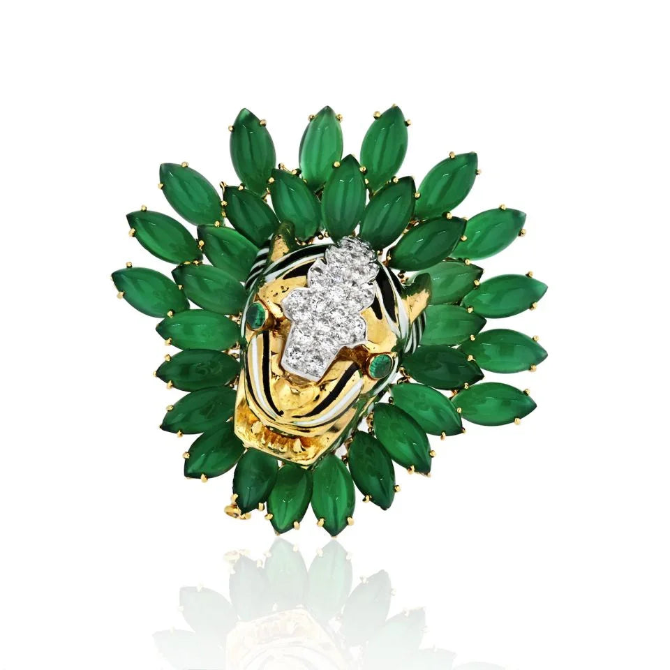 David Webb Tiger Platinum & 18K Yellow Gold Diamond And Chrysoprase Brooch — Laura Milman New York