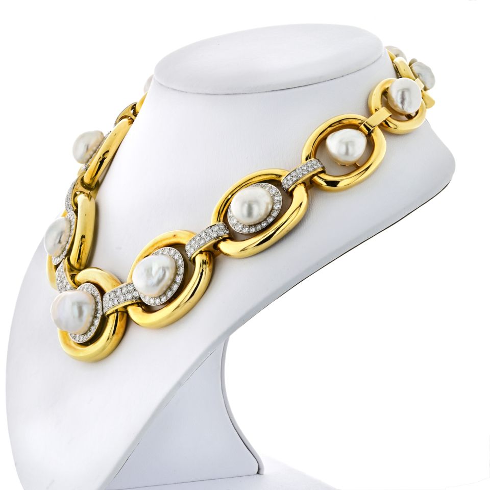 David Webb Pearl Platinum & 18K Yellow Gold Baraque Pearl And Diamond Collar Necklace — view 2 — Laura Milman New York