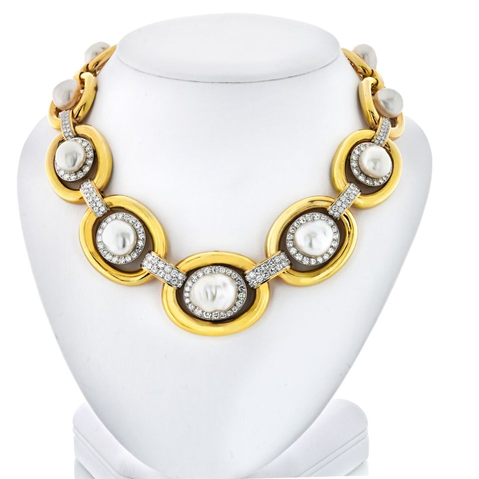 David Webb Pearl Platinum & 18K Yellow Gold Baraque Pearl And Diamond Collar Necklace — Laura Milman New York