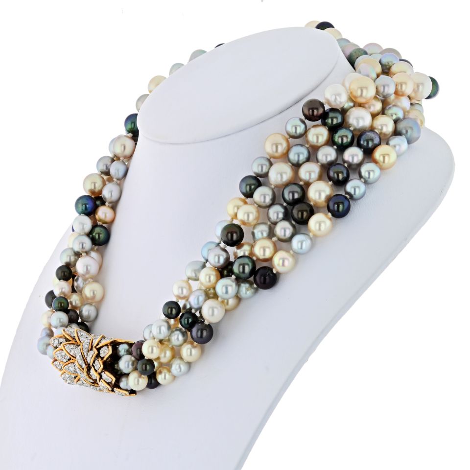 David Webb Pearl Platinum & 18K Yellow Gold 5 Multi-Colored Pearl String Torsade Diamond Necklace — view 2 — Laura Milman New York