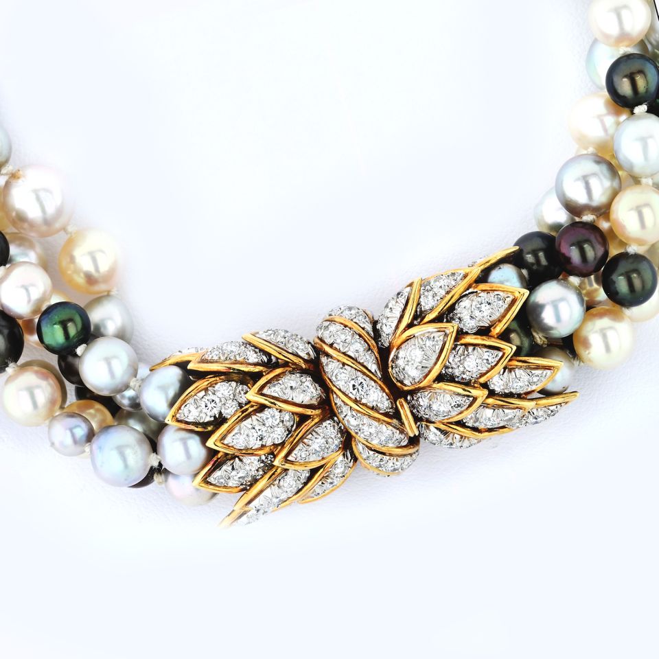 David Webb Pearl Platinum & 18K Yellow Gold 5 Multi-Colored Pearl String Torsade Diamond Necklace — view 3 — Laura Milman New York