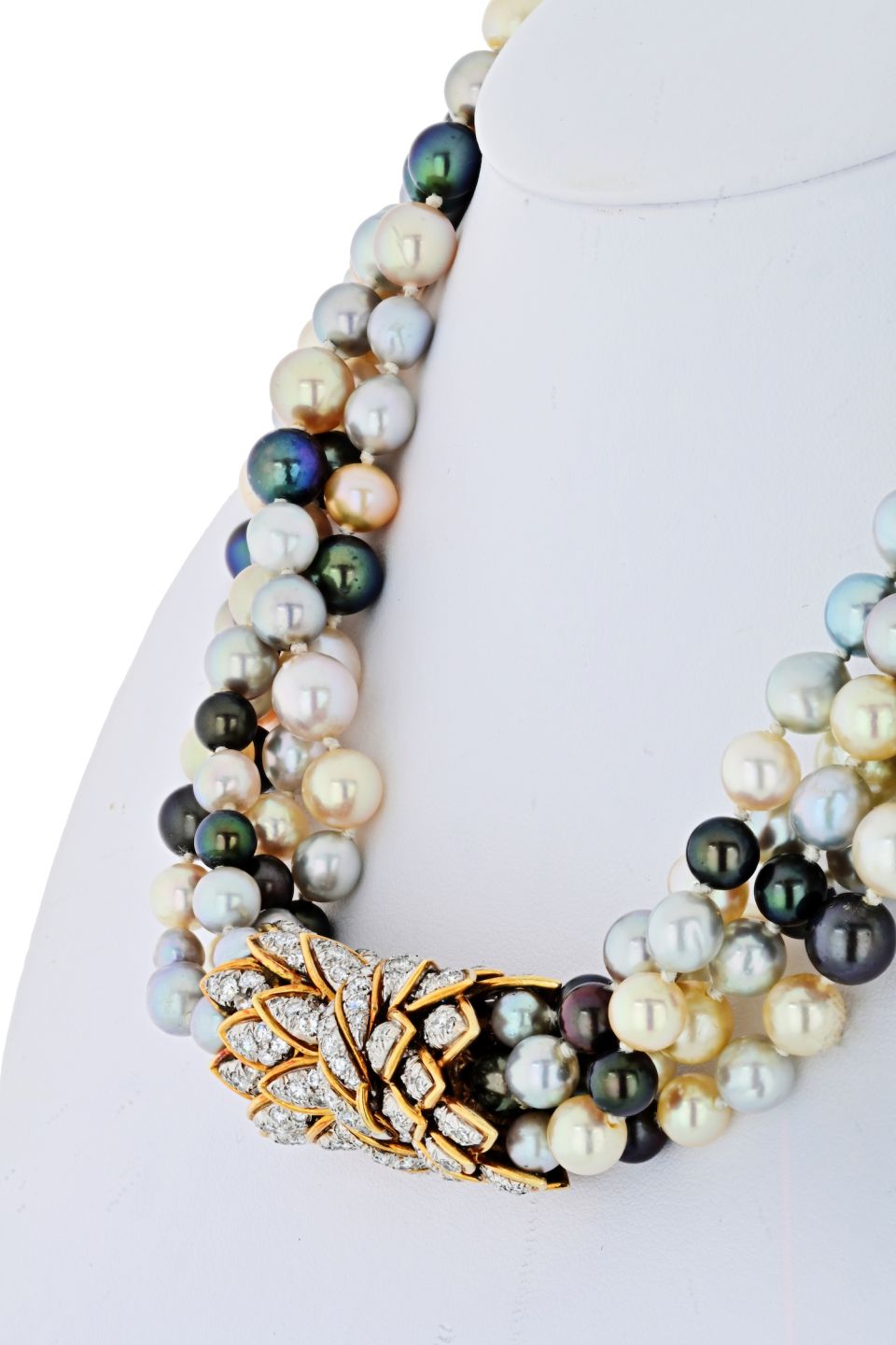 David Webb Pearl Platinum & 18K Yellow Gold 5 Multi-Colored Pearl String Torsade Diamond Necklace — view 4 — Laura Milman New York