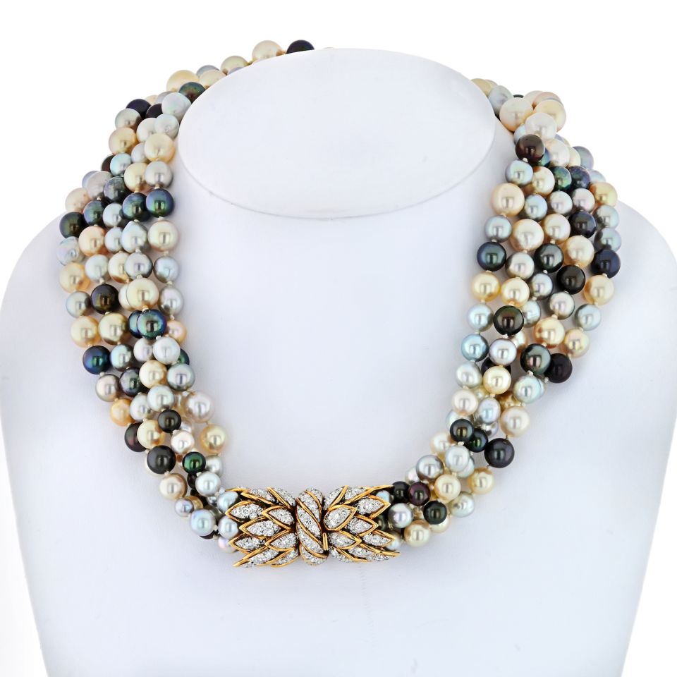 David Webb Pearl Platinum & 18K Yellow Gold 5 Multi-Colored Pearl String Torsade Diamond Necklace — Laura Milman New York