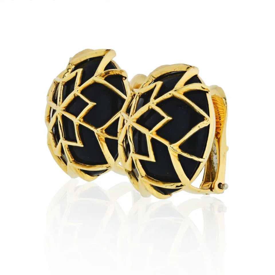 David Webb Snowflake Platinum & 18K Yellow Gold Onyx Webb Earrings — view 2 — Laura Milman New York
