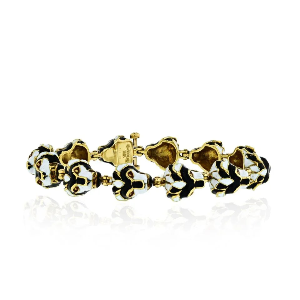 David Webb Lion Head Platinum & 18K Yellow Gold 12 One Line Black Enamel Head Motifs Bracelet — Laura Milman New York