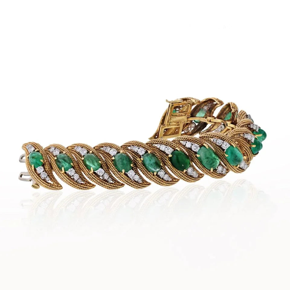 David Webb Platinum & 18K Yellow Gold Diamonds, Cabochon Emeralds Bracelet — view 2 — Laura Milman New York