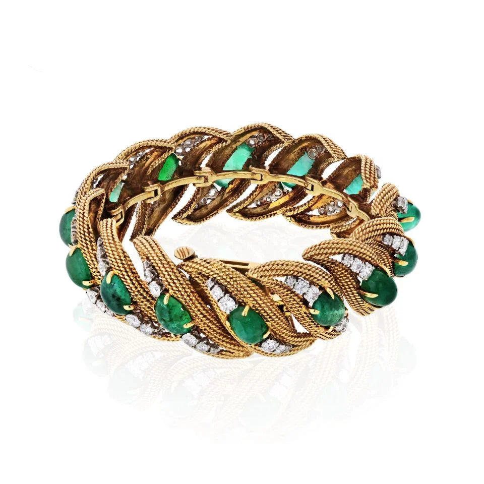 David Webb Platinum & 18K Yellow Gold Diamonds, Cabochon Emeralds Bracelet — view 3 — Laura Milman New York