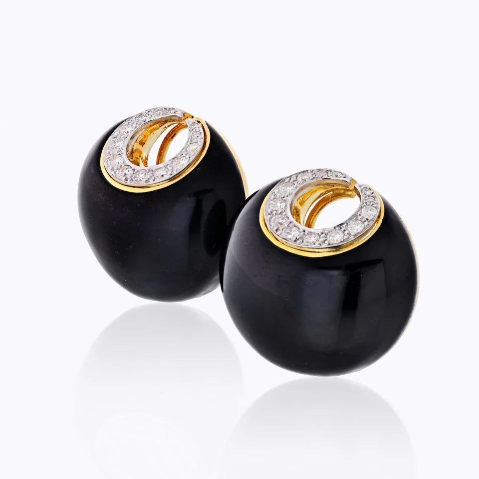 David Webb Crescent Platinum & 18K Yellow Gold Black Enamel & Diamonds Earrings — view 2 — Laura Milman New York