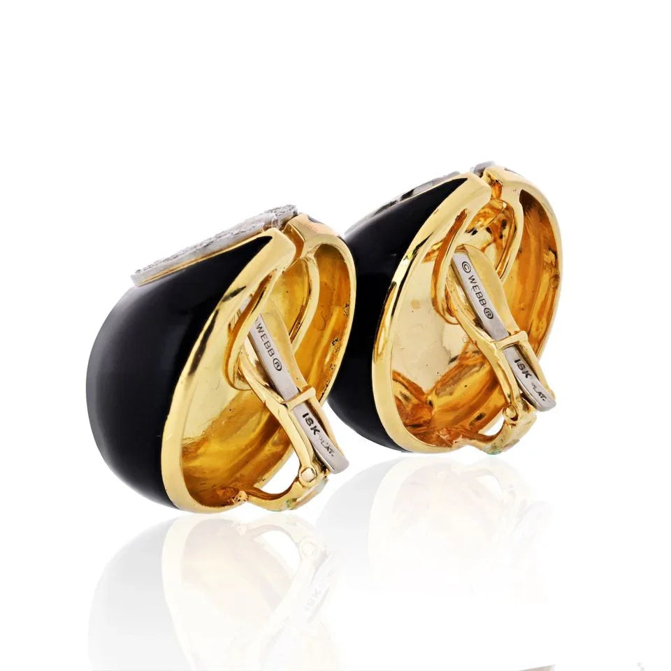 David Webb Crescent Platinum & 18K Yellow Gold Black Enamel & Diamonds Earrings — view 3 — Laura Milman New York