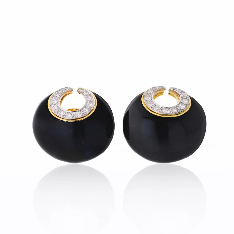 David Webb Crescent Platinum & 18K Yellow Gold Black Enamel & Diamonds Earrings — Laura Milman New York