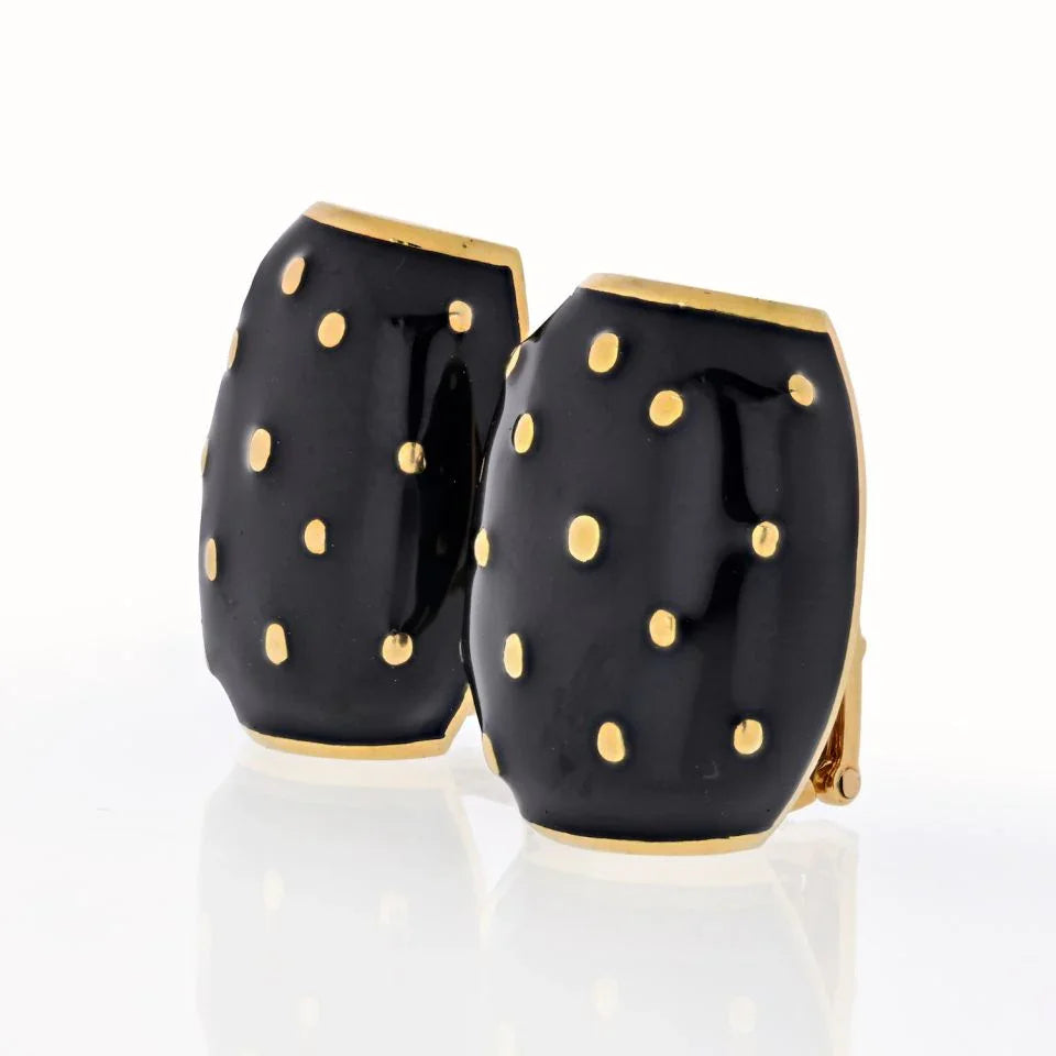 David Webb 18K Yellow Gold Black Enamel Gold Spotted Earrings — view 2 — Laura Milman New York