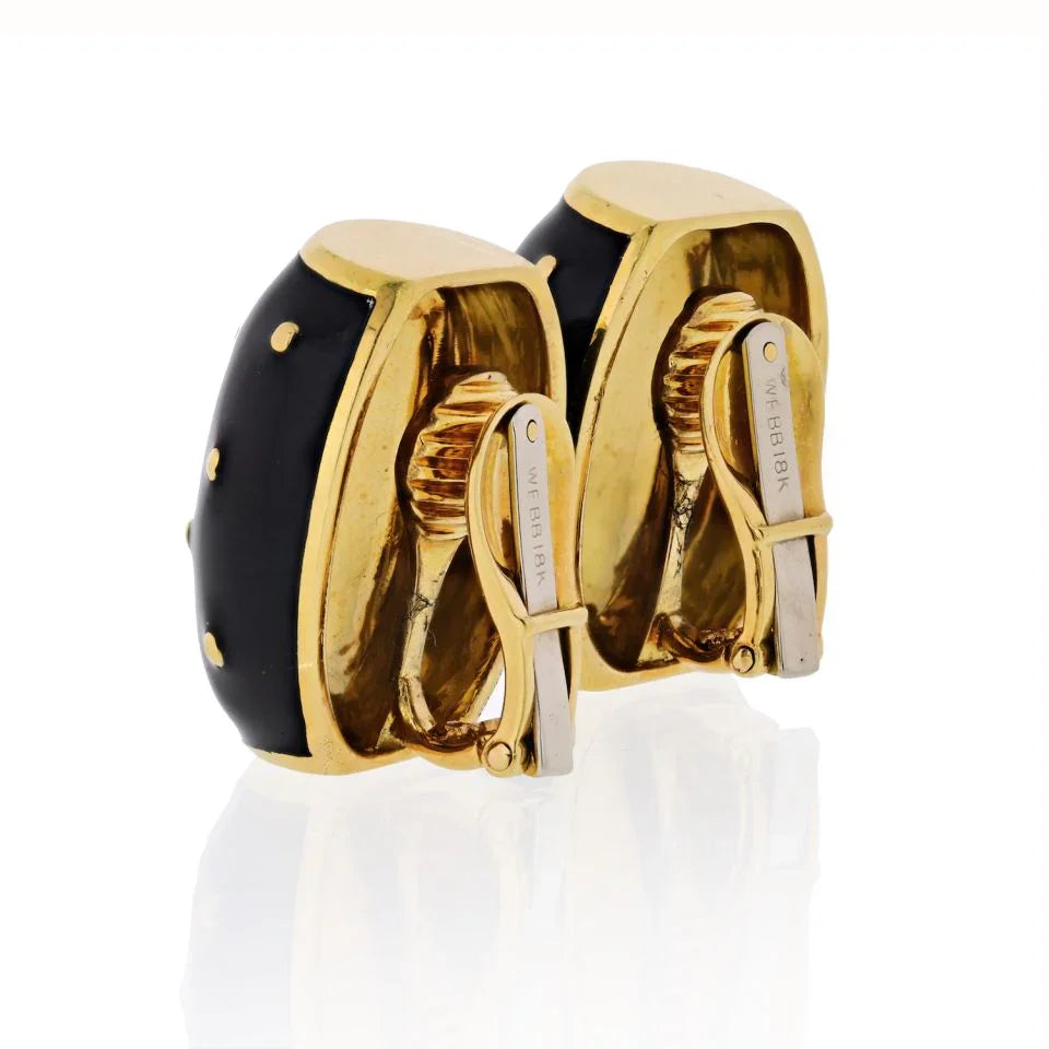 David Webb 18K Yellow Gold Black Enamel Gold Spotted Earrings — view 3 — Laura Milman New York