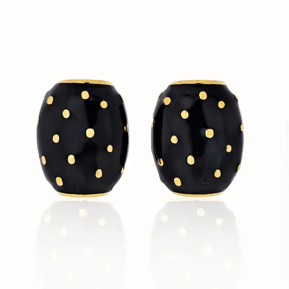 David Webb 18K Yellow Gold Black Enamel Gold Spotted Earrings — Laura Milman New York