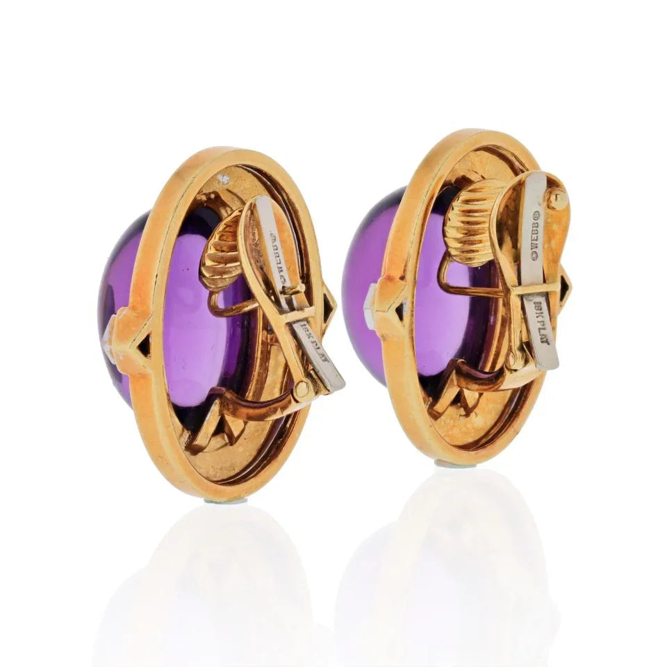 David Webb Platinum & 18K Yellow Gold Cabochon Amethyst And Diamonds Earrings — view 3 — Laura Milman New York