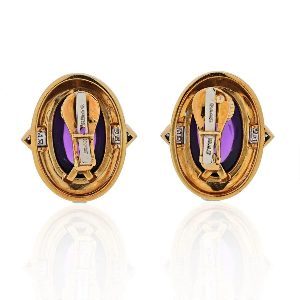 David Webb Platinum & 18K Yellow Gold Cabochon Amethyst And Diamonds Earrings — view 4 — Laura Milman New York