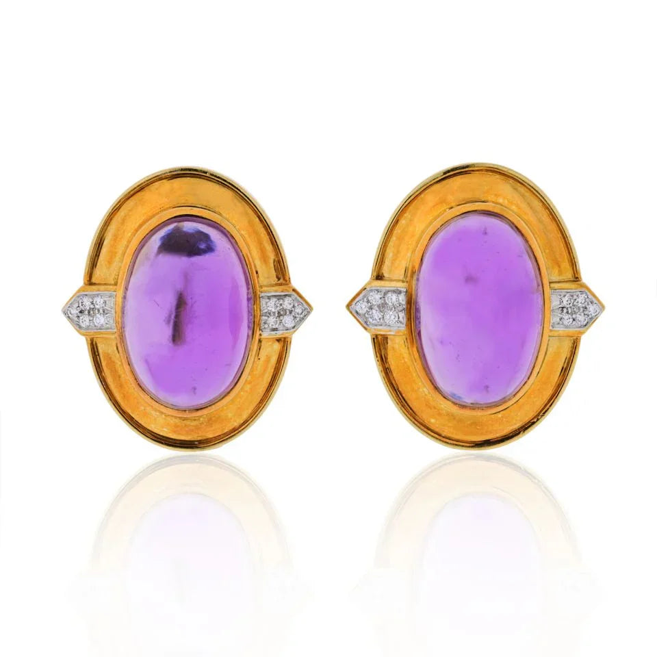 David Webb Platinum & 18K Yellow Gold Cabochon Amethyst And Diamonds Earrings — Laura Milman New York