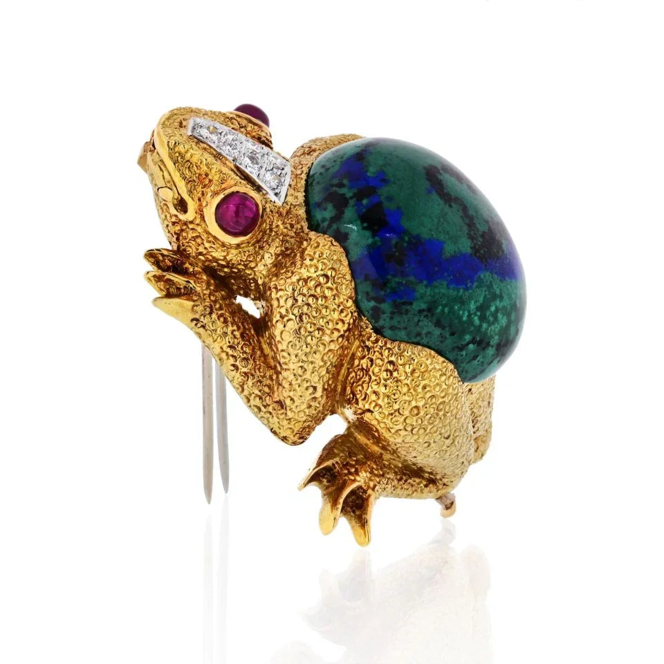 David Webb 18K Yellow Gold Frog With Azurite-Malachite, Diamonds, Ruby Brooch — view 2 — Laura Milman New York