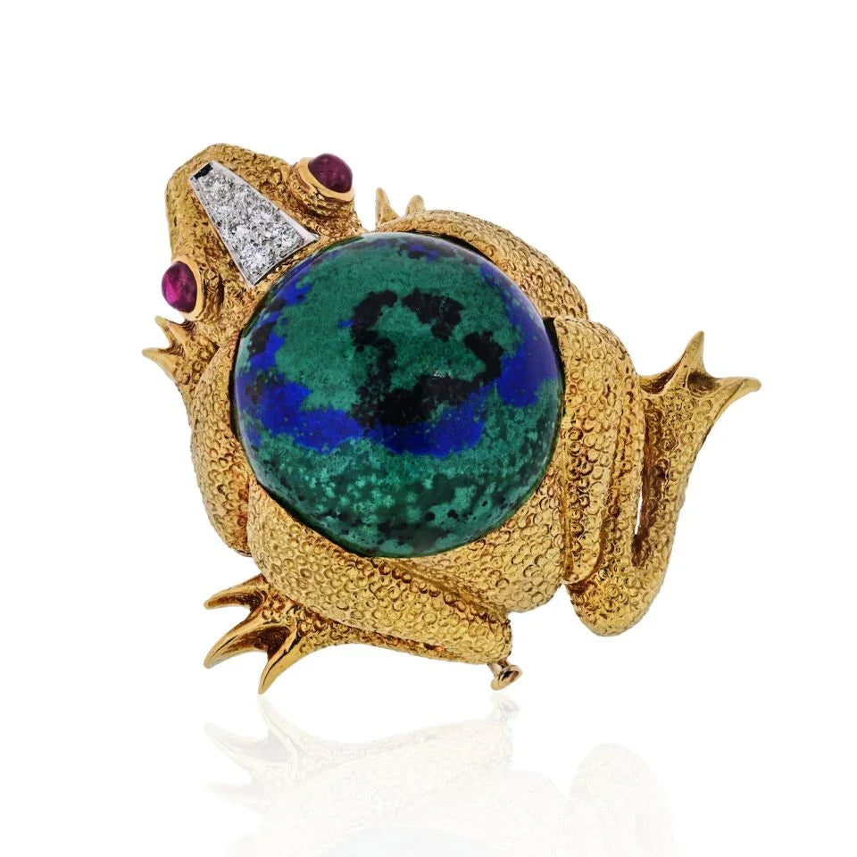 David Webb 18K Yellow Gold Frog With Azurite-Malachite, Diamonds, Ruby Brooch — Laura Milman New York