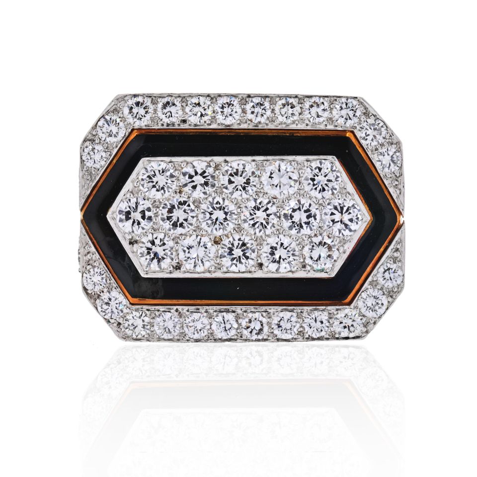 David Webb Platinum & 18K Yellow Gold Black Enamel And Diamond Ring — Laura Milman New York
